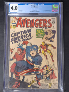 Avengers 4 Marvel 1964 CGC 4.0 1st S.A App of Captain America, 1st Baron Zemo in Cameo